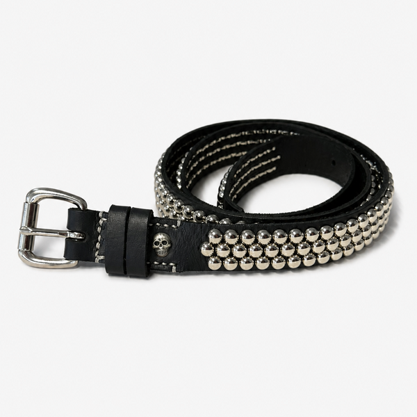 Black belt with silver studs and buckle on a white background