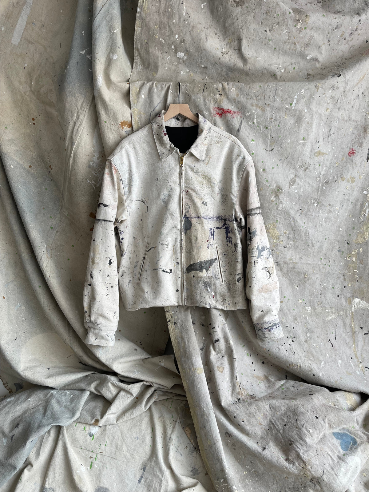 FRACTION jacket made from studio-painted painter's drop cloth