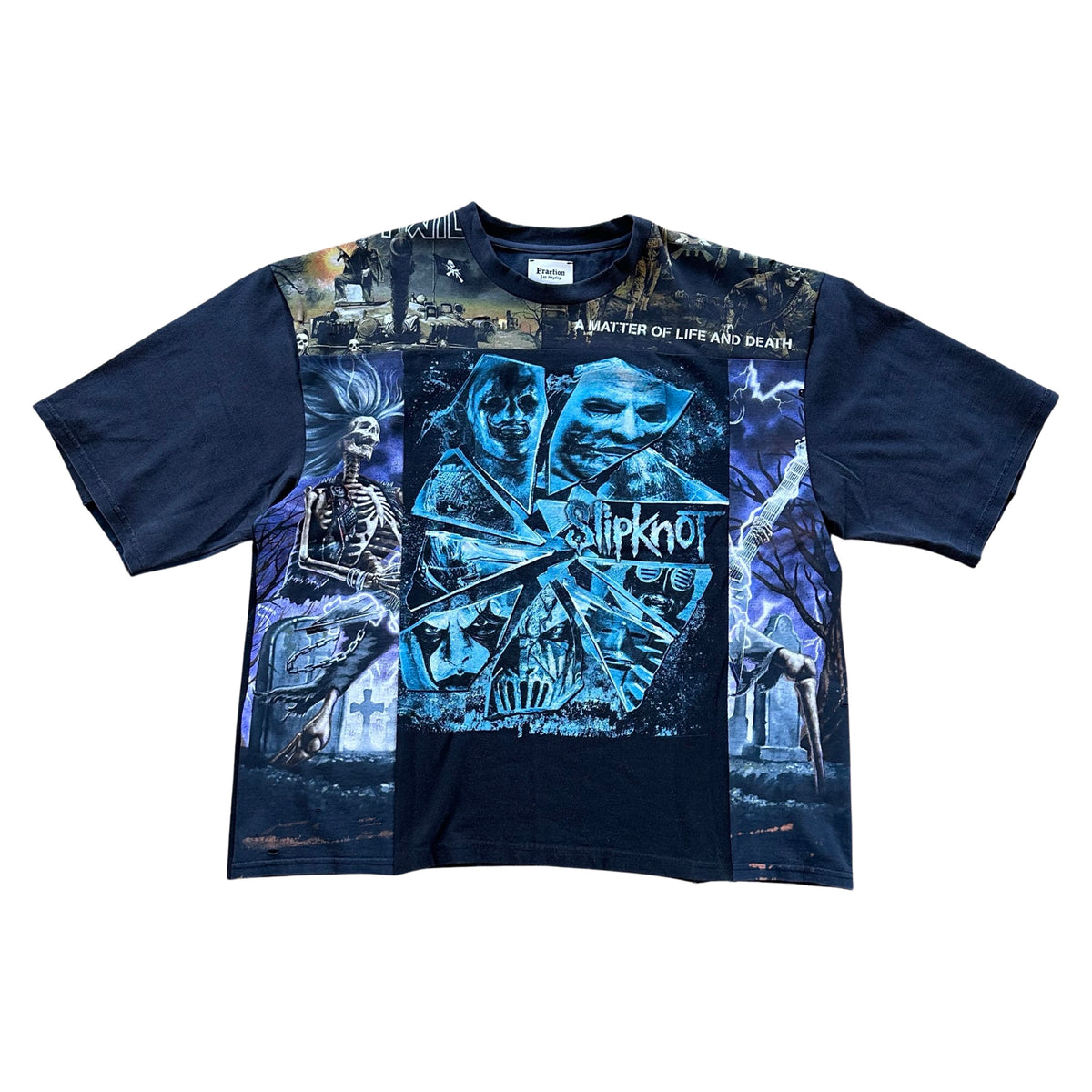 FRACTION box tee constructed from cut vintage graphic T-shirt panels in black and blue