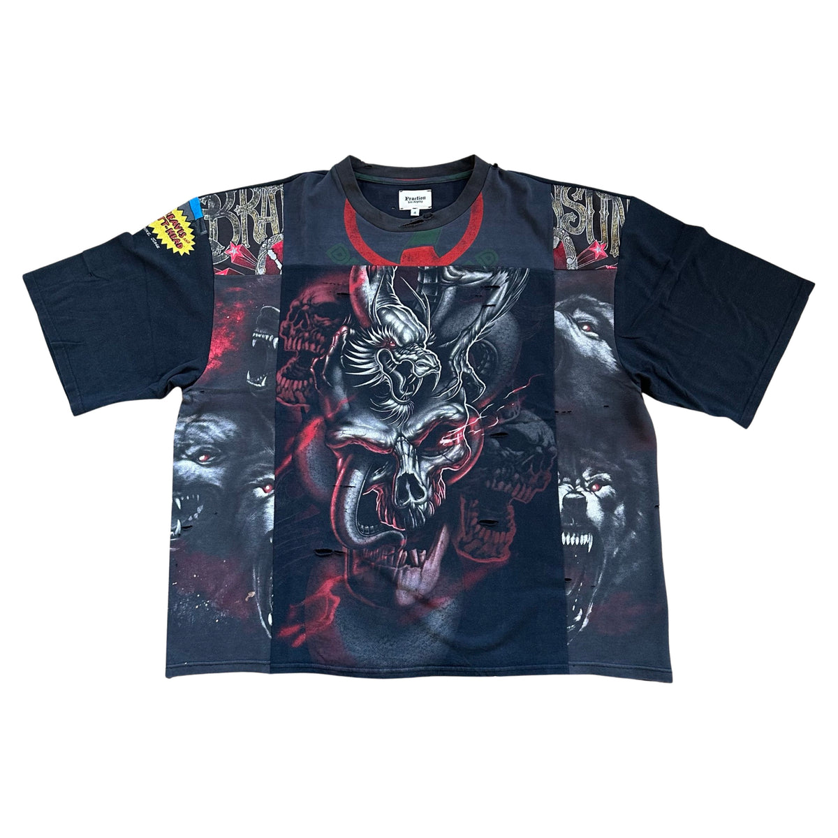 FRACTION box tee constructed from cut vintage graphic T-shirt panels in black and red